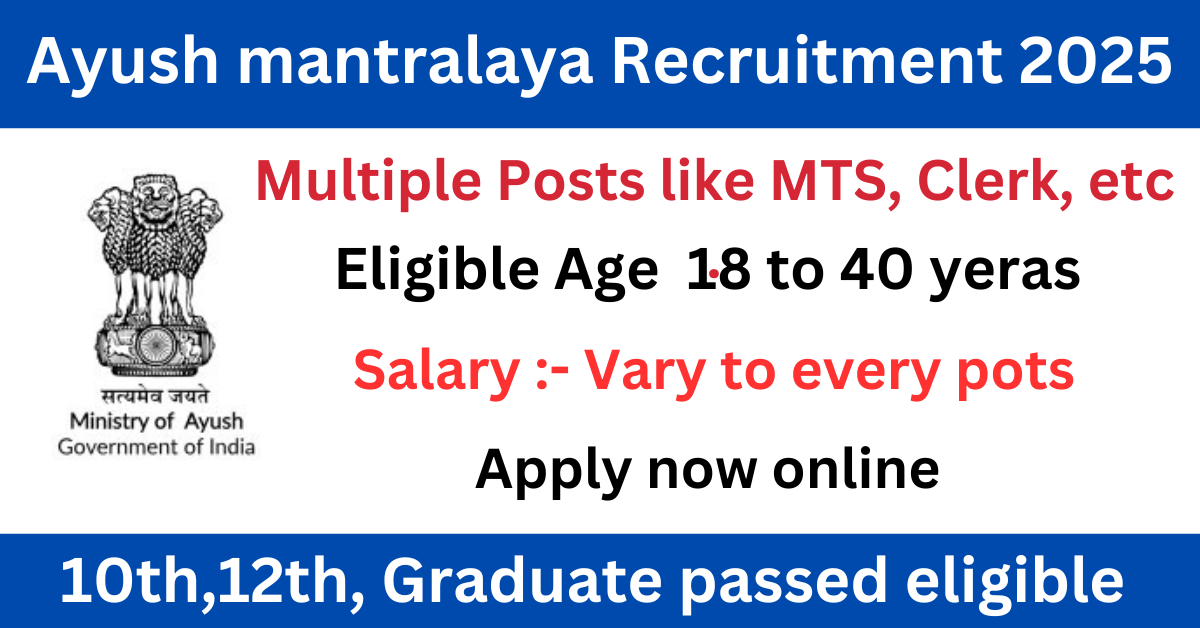 Ayush Mantralaya vacancy 2025 image showing eligibility, age limit, salary, and posts like MTS, Clerk