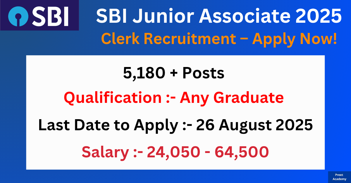 SBI Junior Associate Recruitment 2025 – 5,180 Posts, Any Graduate, Last Date 26 August 2025, Salary 24,050 to 64,500